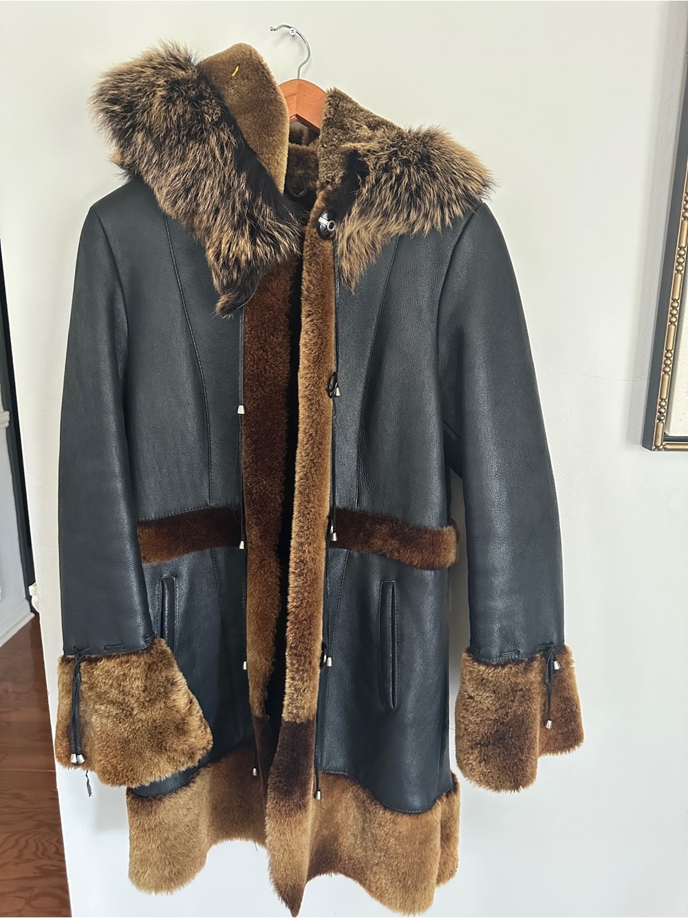 Moda Martani Women's Black Leather Shearling Coat with Brown Fur Trim